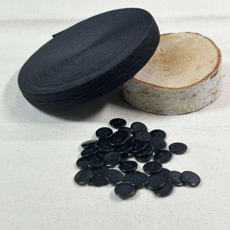 10 mètres de Bobine élastiques réglables à boutonnière avec 40 boutons en résine - 15mm de largeur