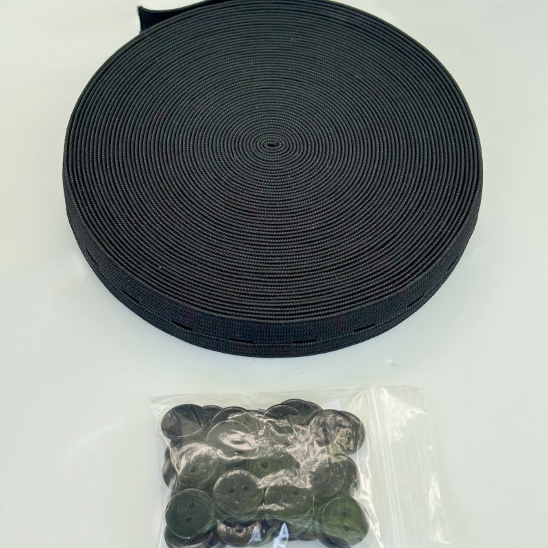 10 mètres de Bobine élastiques réglables à boutonnière avec 40 boutons en résine - 20mm de largeur