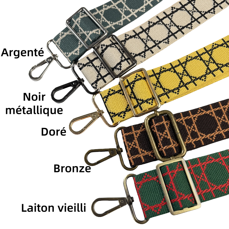 Bandoulière réglable pour sac - jacquard losanges graphiques - Noir et crème - 38mm
