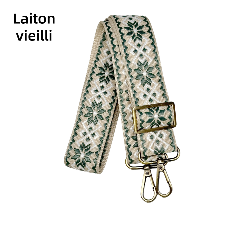 Bandoulières jacquard réglable pour sac -Vert gris blanc et crème - 38mm