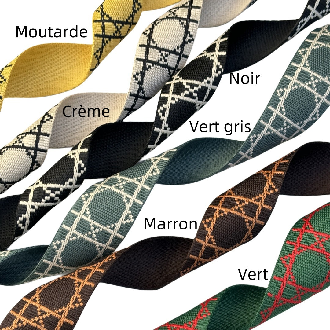 Bandoulière réglable pour sac - jacquard losanges graphiques - Noir et crème - 38mm