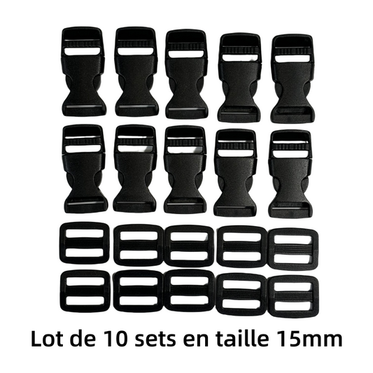 Lot de 10 sets de Boucles clip et boucles d'échelle en plastique noir - 15mm