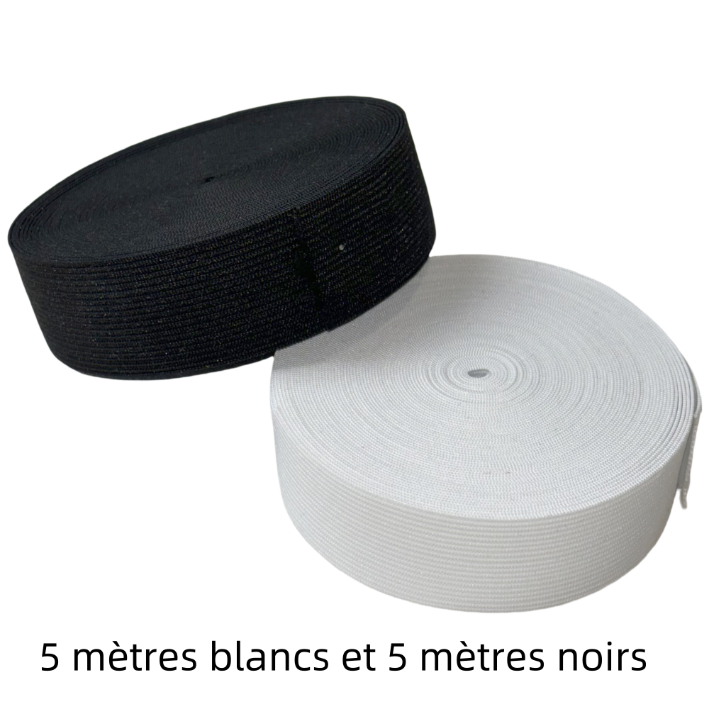 2 rouleaux de 5 mètres d'élastique noir et blanc - 30mm de largeur