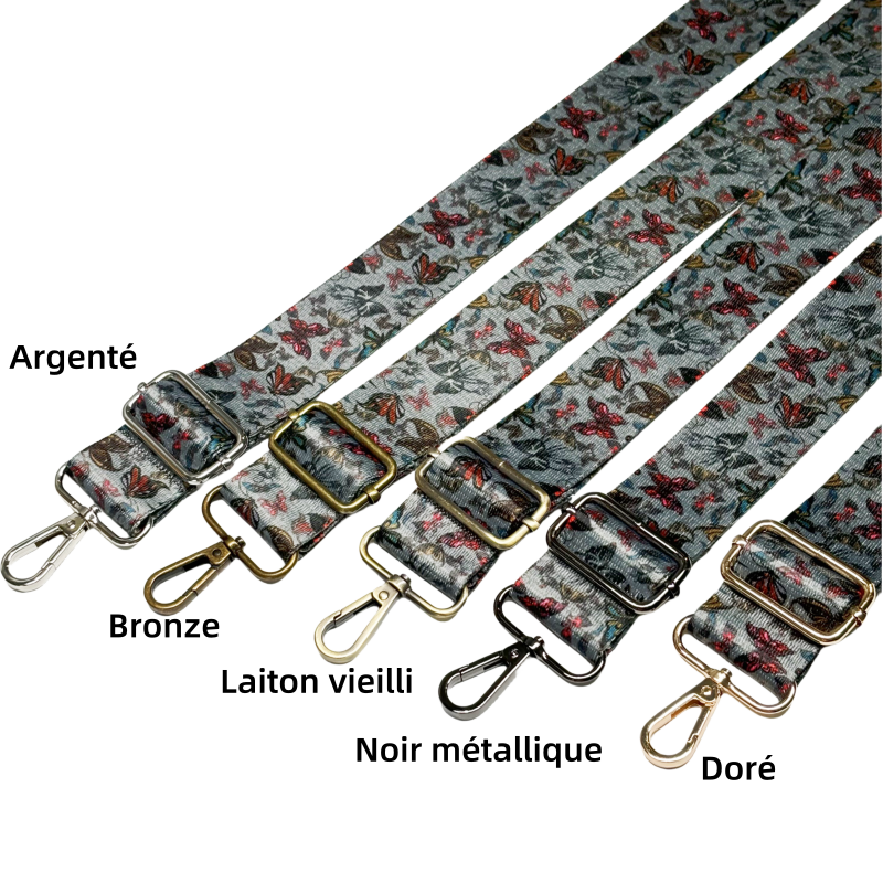 Bandoulière à motifs réglable pour sac - Papillons - Gris - 38mm