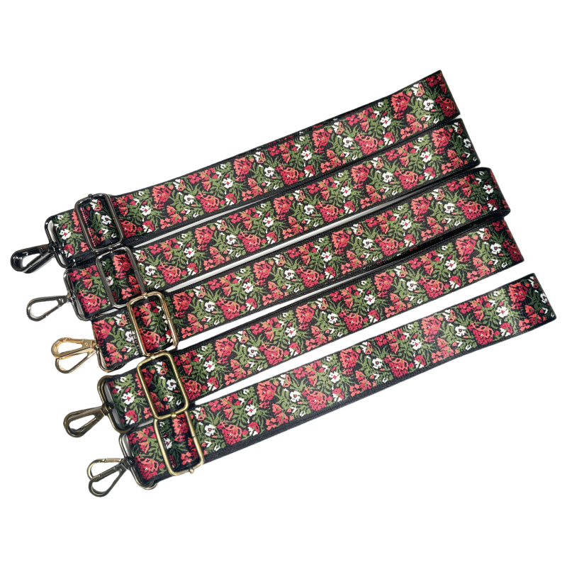 Bandoulière à motifs réglable pour sac - Fleurs rouge - 38mm