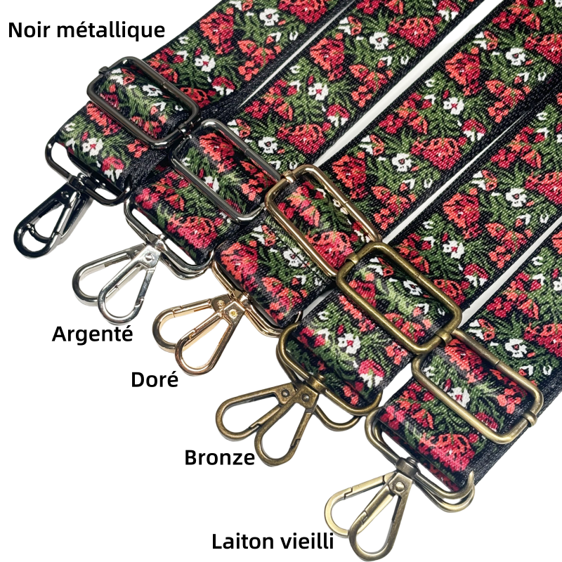 Bandoulière à motifs réglable pour sac - Fleurs rouge - 38mm