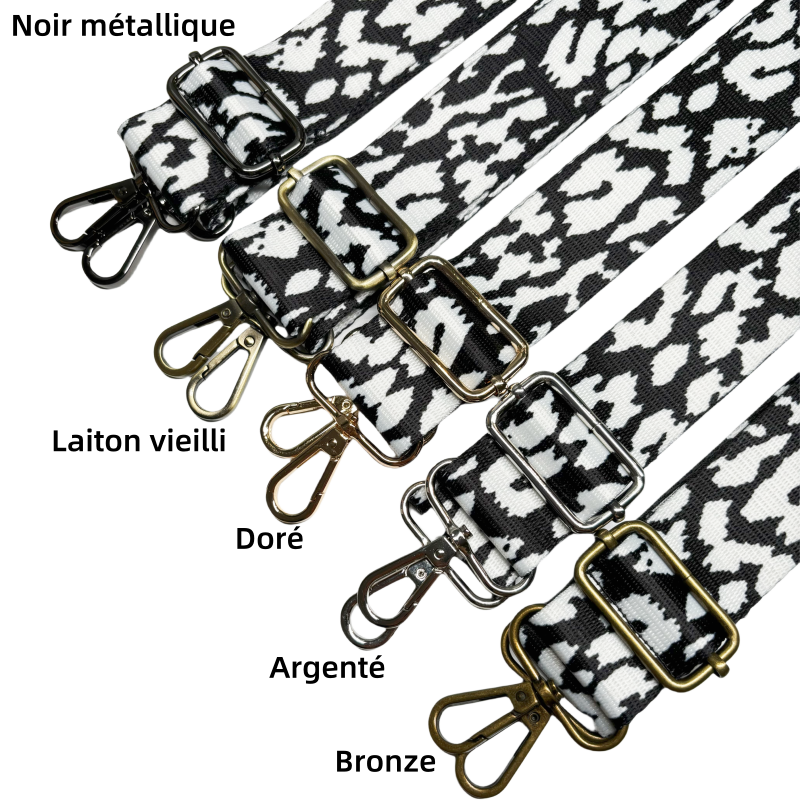 Bandoulière à motifs réglable pour sac - Imprimé léopard noir et blanc - 38mm