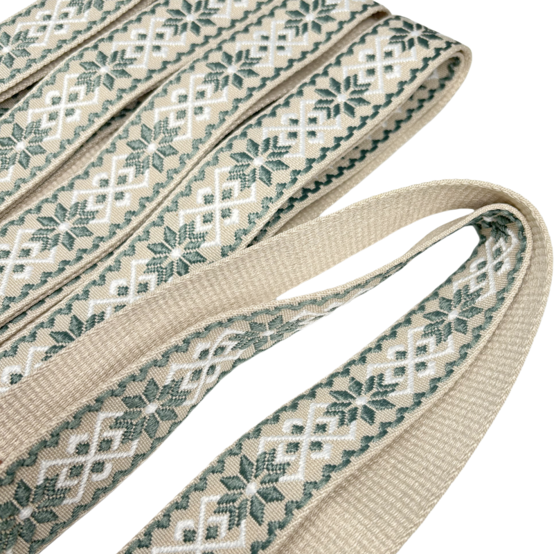 Bandoulière jacquard réglable pour sac -Vert gris blanc et crème - 38mm