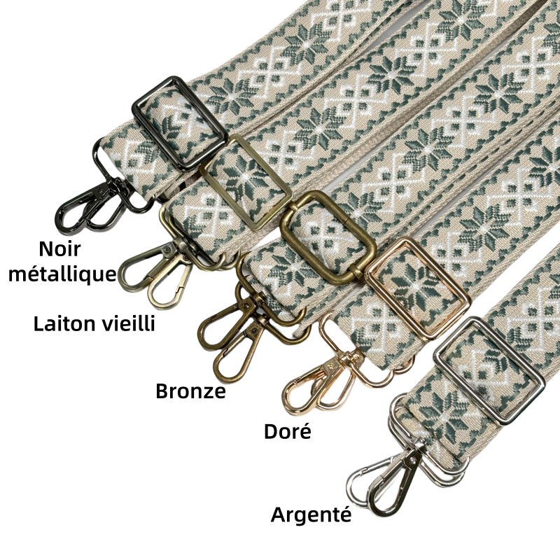 Bandoulière jacquard réglable pour sac -Vert gris blanc et crème - 38mm