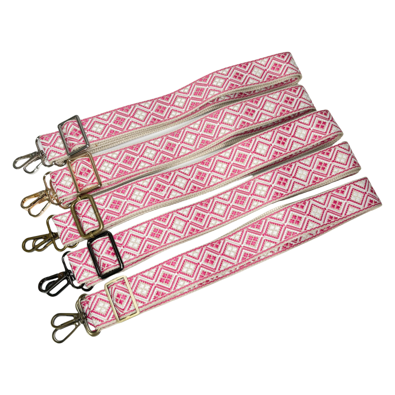 Bandoulière jacquard réglable pour sac - Fuchsia blanc et crème - 38mm