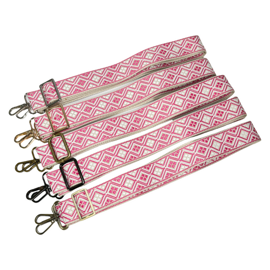 Bandoulière jacquard réglable pour sac - Fuchsia blanc et crème - 38mm