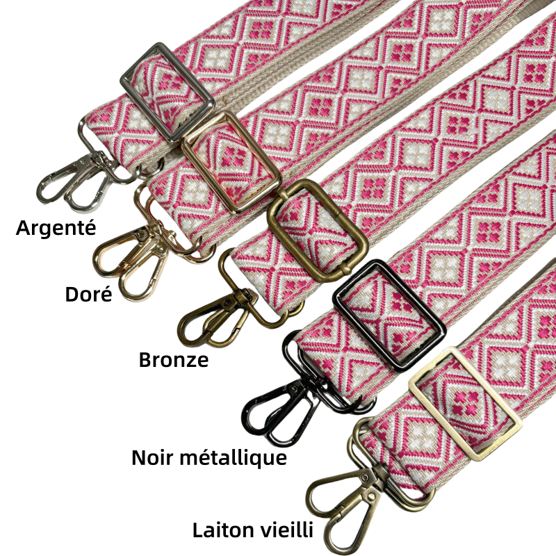 Bandoulière jacquard réglable pour sac - Fuchsia blanc et crème - 38mm