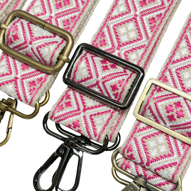 Bandoulière jacquard réglable pour sac - Fuchsia blanc et crème - 38mm