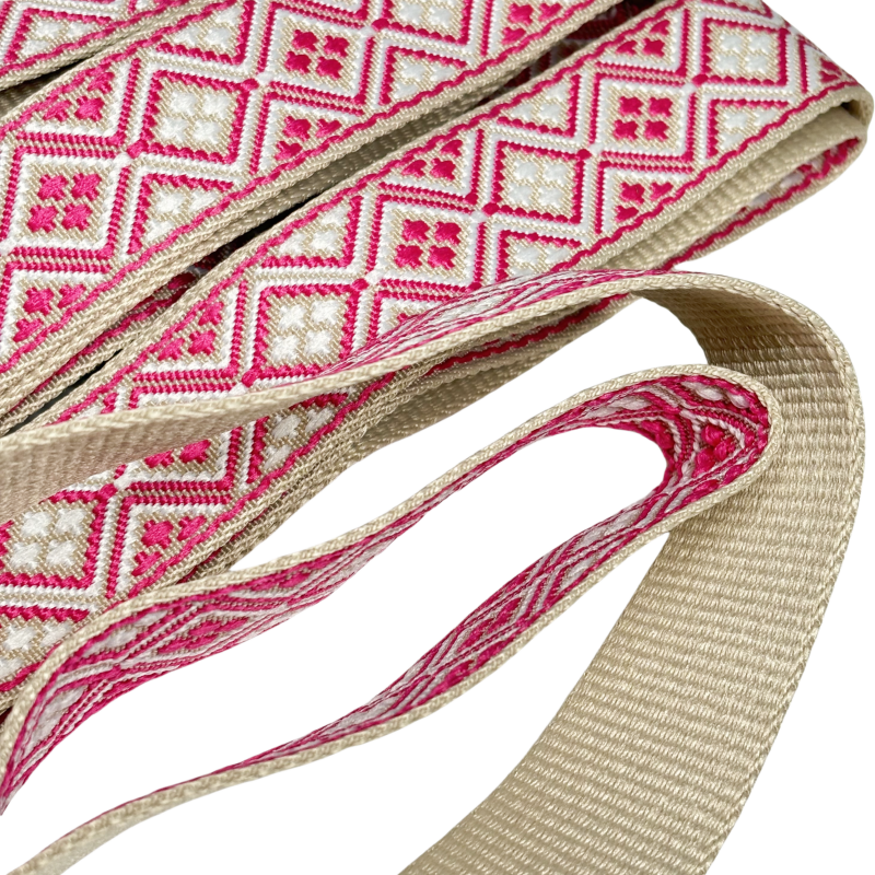 Bandoulière jacquard réglable pour sac - Fuchsia blanc et crème - 38mm