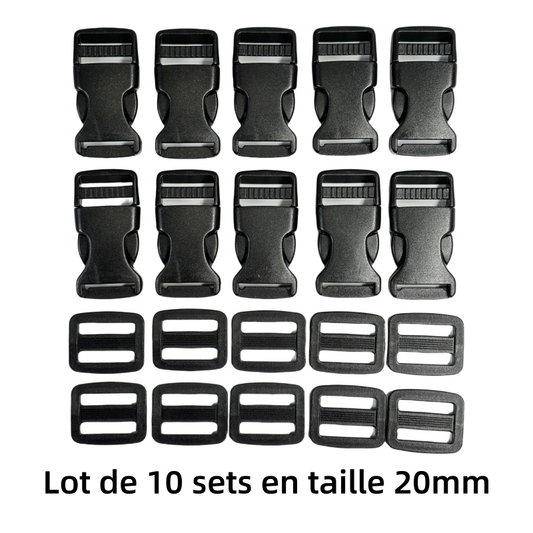 Lot de 10 sets de Boucles clip et boucles d'échelle en plastique noir - 20mm