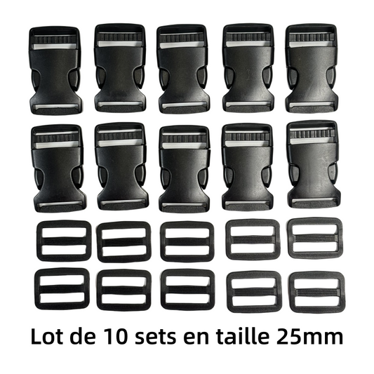 Lot de 10 sets de Boucles clip et boucles d'échelle en plastique noir - 25mm