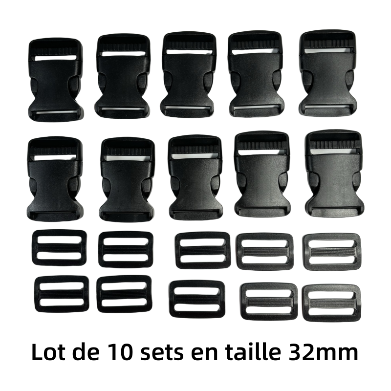 Lot de 10 sets de Boucles clip et boucles d'échelle en plastique noir - 32mm