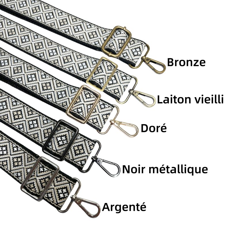 Bandoulière jacquard réglable pour sac - Crème Blanc et Noir - 38mm