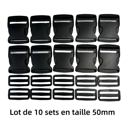 Lot de 10 sets de Boucles clip et boucles d'échelle en plastique noir - 50mm