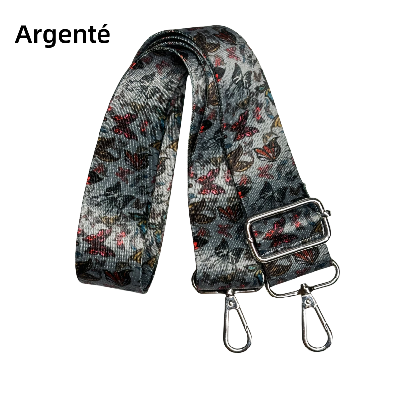 Bandoulière à motifs réglable pour sac - Papillons - Gris - 38mm