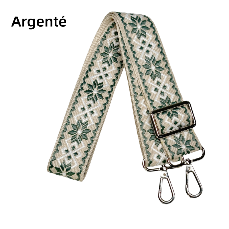 Bandoulière jacquard réglable pour sac -Vert gris blanc et crème - 38mm