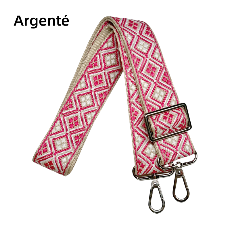 Bandoulière jacquard réglable pour sac - Fuchsia blanc et crème - 38mm