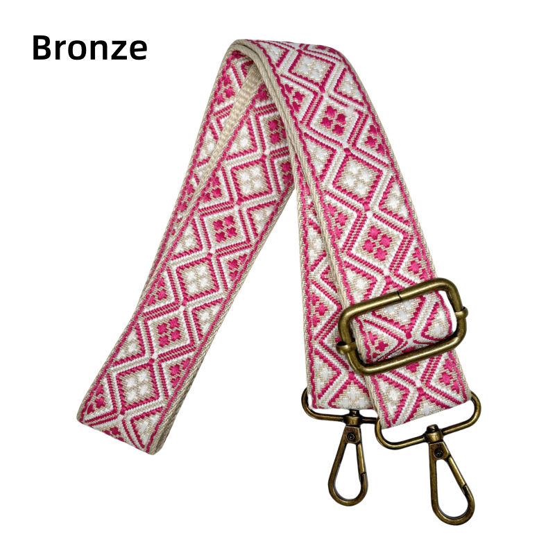 Bandoulière jacquard réglable pour sac - Fuchsia blanc et crème - 38mm