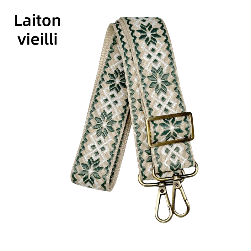 Bandoulière jacquard réglable pour sac -Vert gris blanc et crème - 38mm