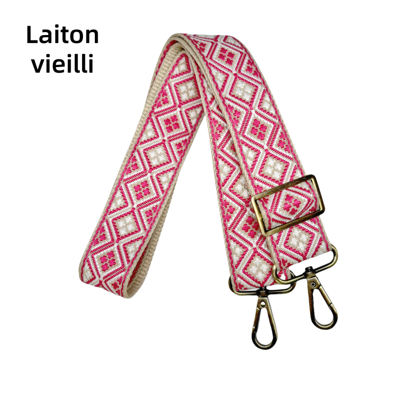 Bandoulière jacquard réglable pour sac - Fuchsia blanc et crème - 38mm