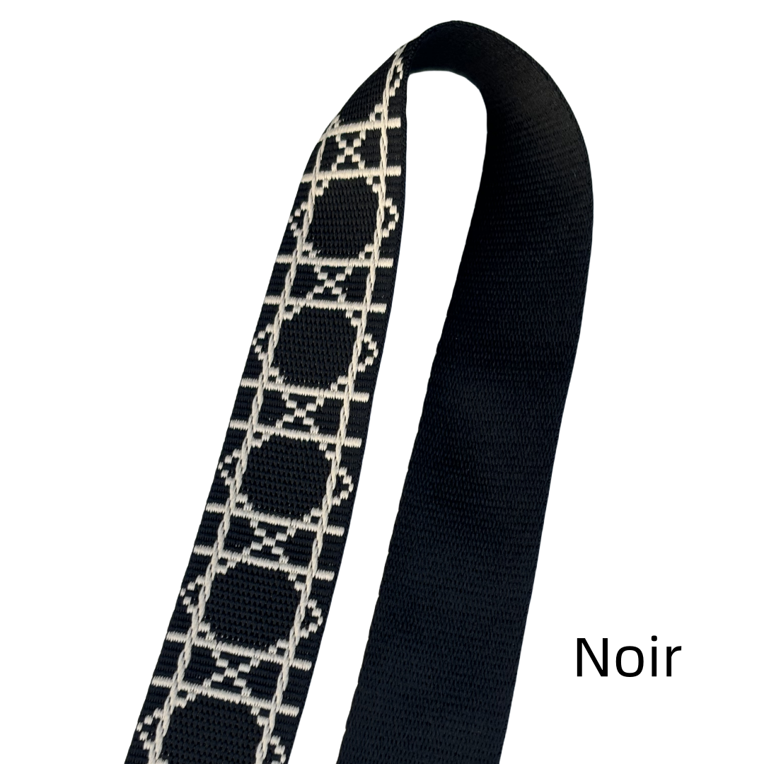 Bandoulière réglable pour sac - jacquard losanges graphiques - Noir et crème - 38mm