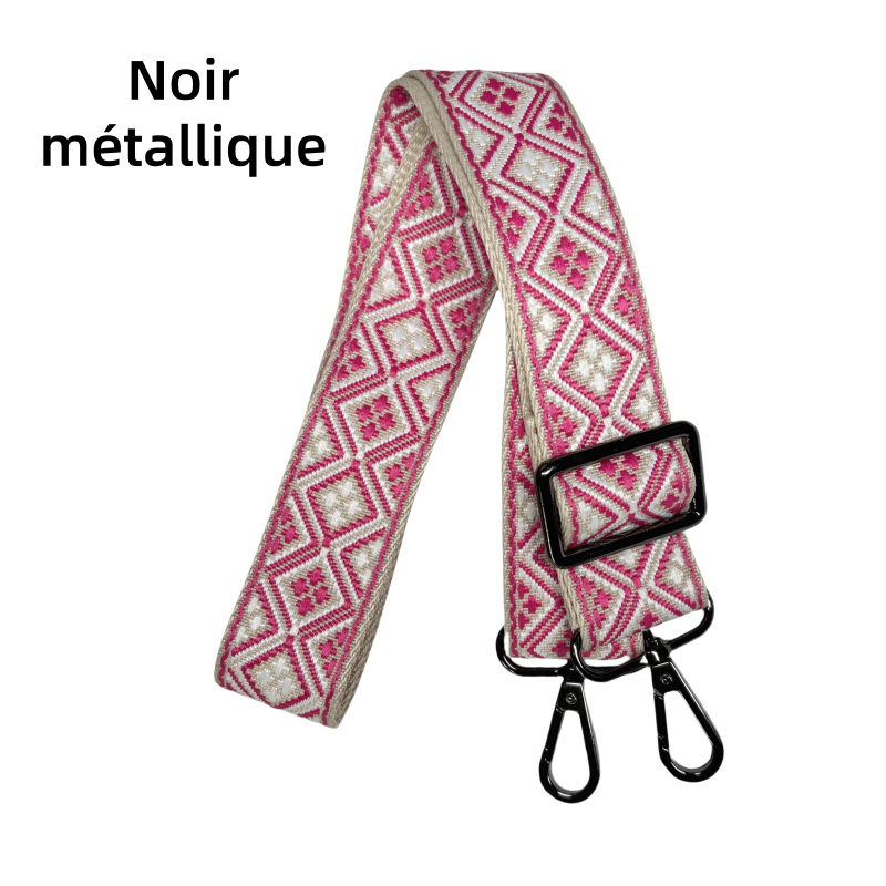 Bandoulière jacquard réglable pour sac - Fuchsia blanc et crème - 38mm