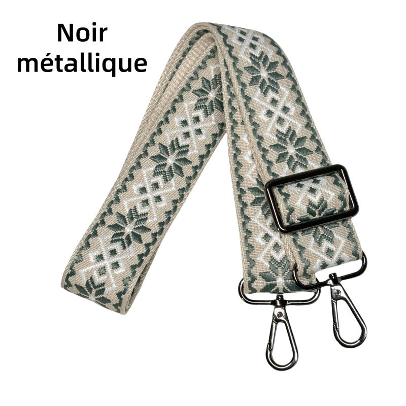 Bandoulière jacquard réglable pour sac -Vert gris blanc et crème - 38mm