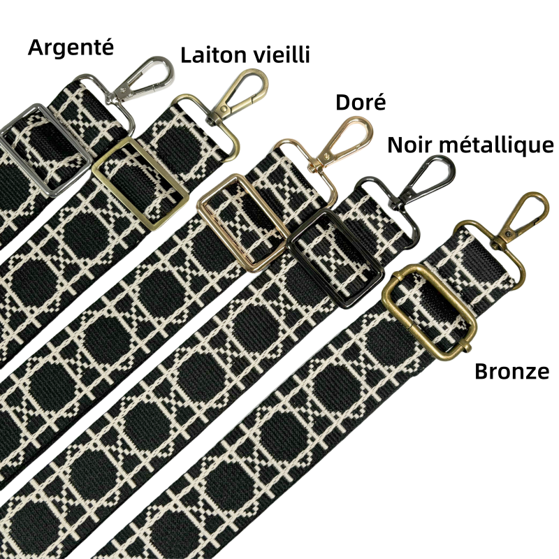 Bandoulière jacquard réglable pour sac - Noir et crème - 38mm